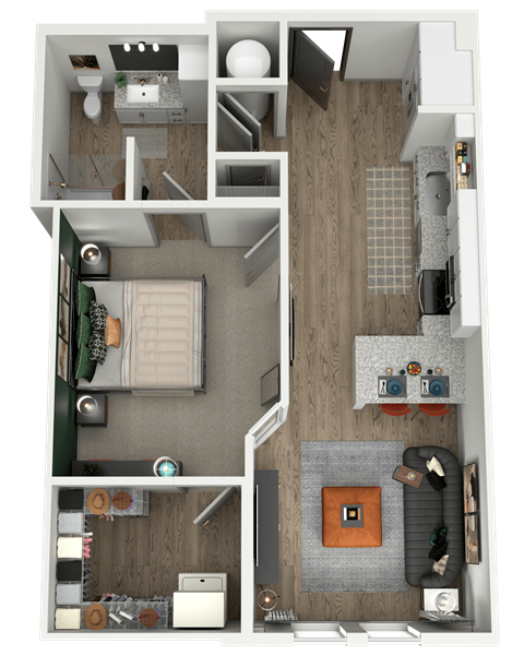 Floor plan for 1 bed, 1 bath, 697 sqft
